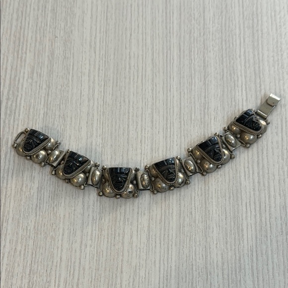 MEXICO 925 Silver  Vintage Face Carved Black Onyx Chain Bracelet - Picture 4 of 9